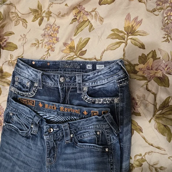 Y2K Miss Me & Rock Revival Women's Blue Denim Bootcut Jeans Bling Pockets - Picture 4 of 7